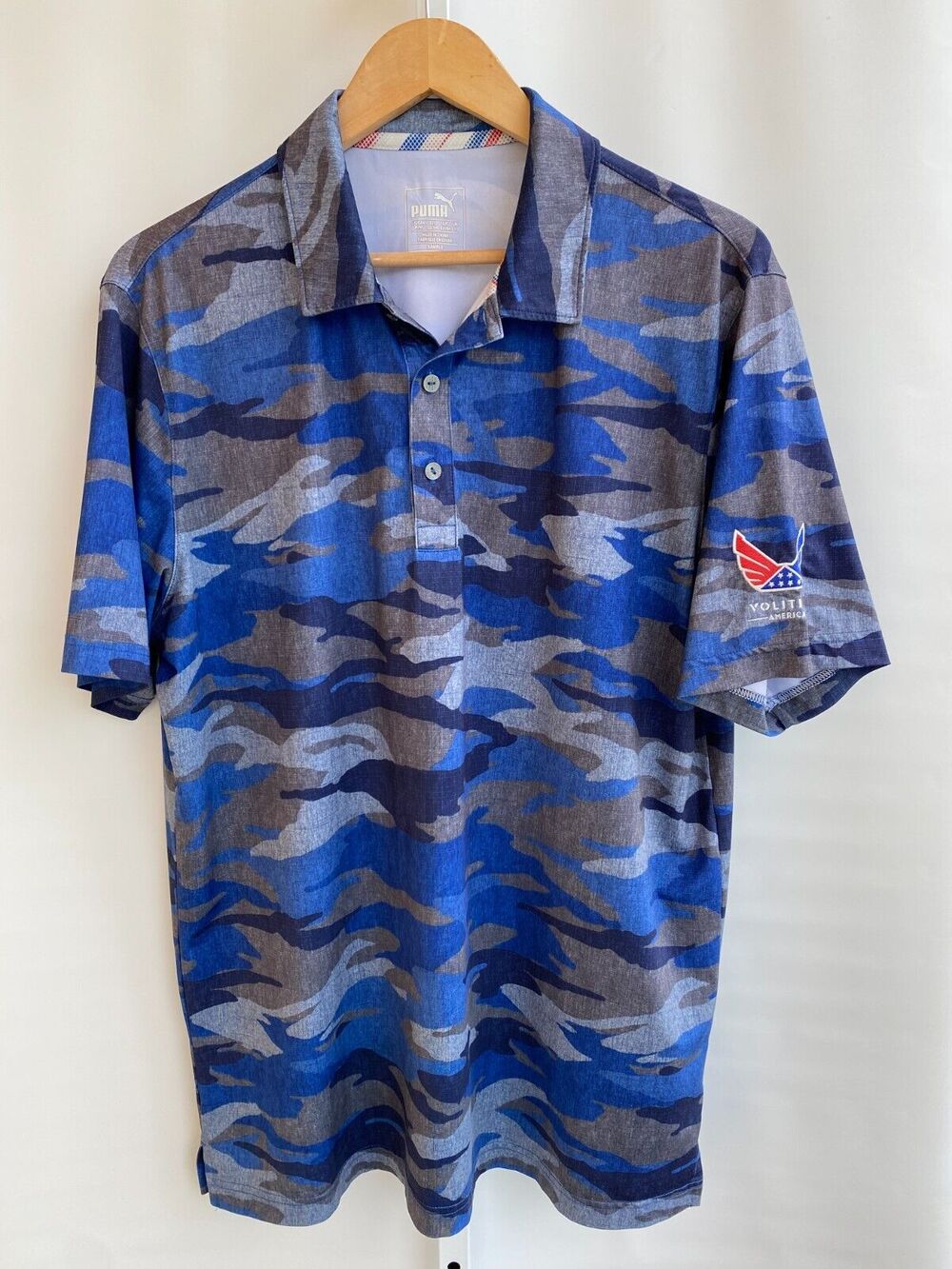 Puma Polo Shirt Mens M Medium Blue Camo Volition America Golf Performance Casual